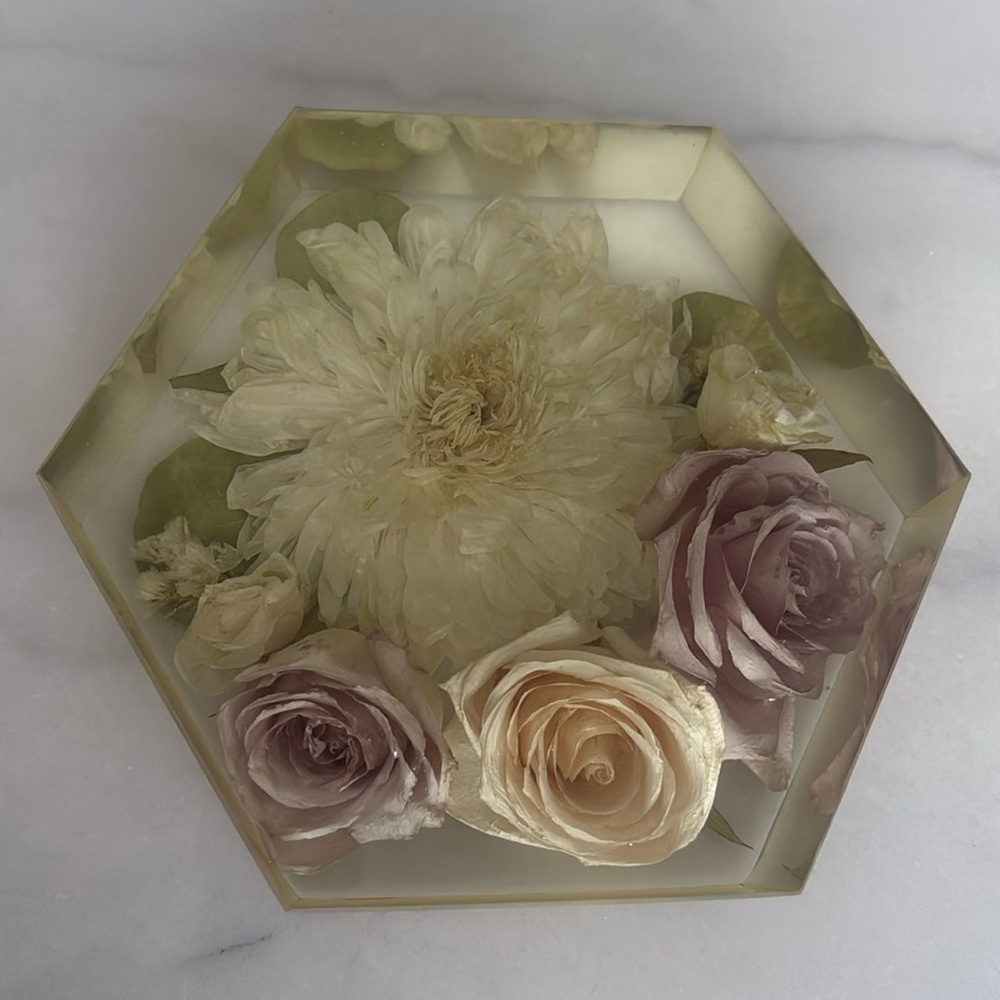 3D Floral Arrangement Resin Hexagon Block 7”